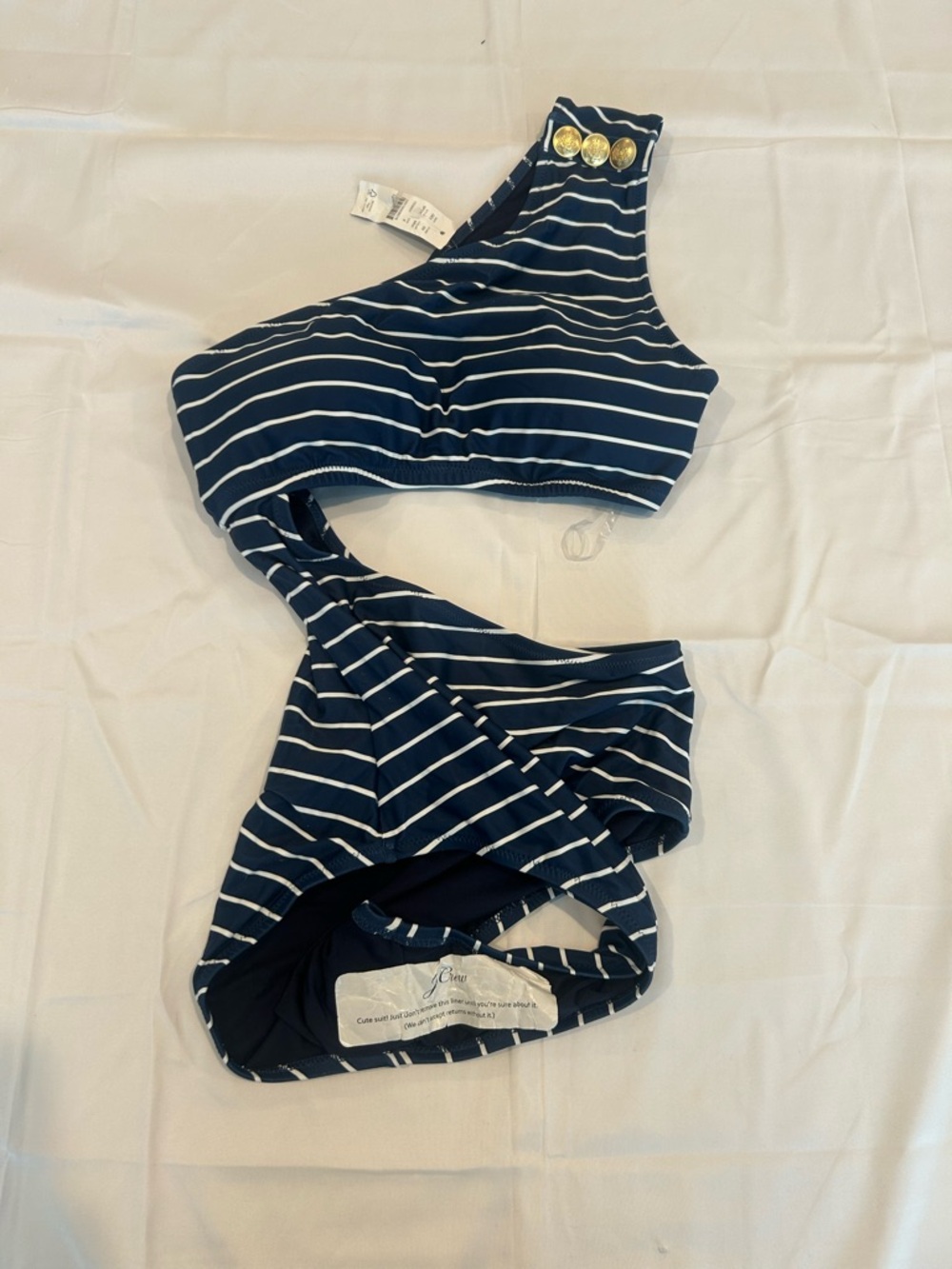 J. Crew Navy and White Striped One-Shoulder Cutout Swimsuit with Gold Buttons